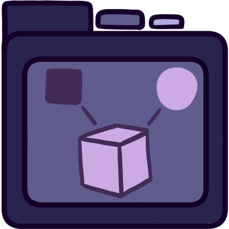 a purple file folder with a lilac cube on it, 2 lines go from the cube to a square and a lilac circle.